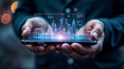 Hands Holding Smart phone with Holographic Cityscape and Floating Data