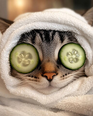 A cat at the spa, wrapped in a white towel with cucumber slices on its eyes, resembling a relaxing spa treatment for a humorous and cute scene