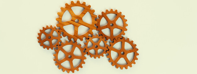 Panorama banner of wooden cogwheel gear connecting each other symbolize function productive system...