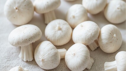 Fresh button mushrooms on linen cloth close up