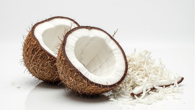 Fresh coconut sliced open white flesh  fibrous shell shredded coconut scattered