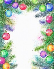 Marco navideño colorido, con ramas de arbol de navidad, bolas y luces de colores, espacio para texto