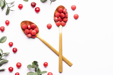 Big red medical tablets in two golden spoons on white background with green twigs and raw ripe cranberries close up. Tablets with cranberry extract for UTI treatment. Natural herbal therapy.