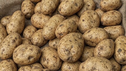 Freshly harvested potatoes on burlap sack showcasing earthy skins and patches of dirt