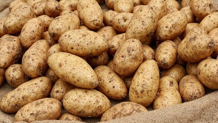 Freshly harvested potatoes on burlap sack showcasing earthy skins and patches of dirt