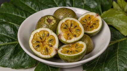 Fresh ripe passion fruits with seed filled golden pulp in a bowl set against lush green leaves