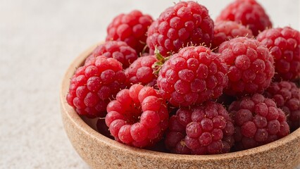 Fresh raspberries in a rustic wooden bowl on neutral backdrop