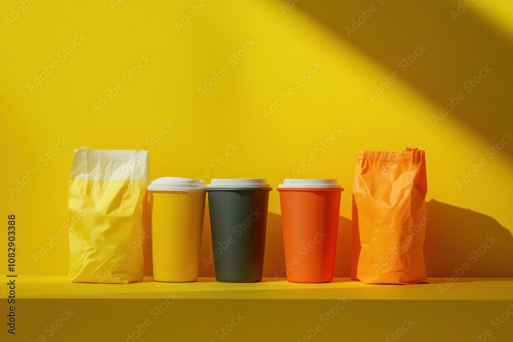 Poster bright reusable containers stand out against a backdrop of discarded single-use plastics, highlighti