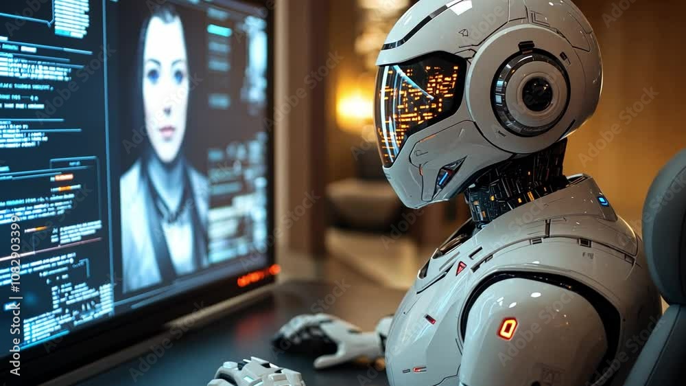 Poster a futuristic robot analyzes data on a computer screen in a modern technology setting