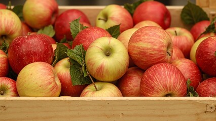 Freshly picked red and green apples in wooden crate glossy skins  leaves attached
