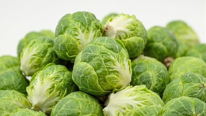 Freshly picked Brussels sprouts showcasing intricate textures on a clean backdrop