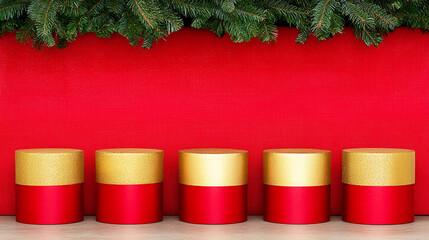 Five red and gold cylindrical podiums stand against a red background with pine branches. Concept of Christmas product display, festive backdrop, holiday promotion.