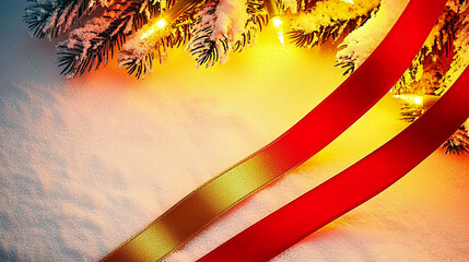 Red and gold ribbons lie on a snowy surface with snow-dusted pine branches and Christmas lights. Concept of holiday decoration, festive details, winter scene.