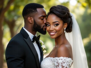 A loving bride and groom share an intimate embrace outdoors on their wedding day, with the groom gently kissing the bride's cheek as she smiles warmly
