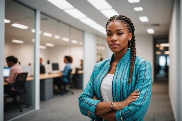 A young Black woman in a teal jacket stands with arms crossed in a modern corporate office