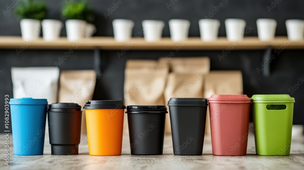 Poster a variety of reusable containers contrasts with an array of single-use plastic bags and cups, highli