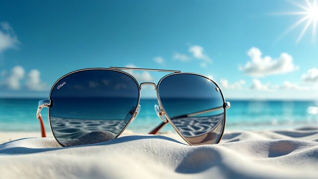 Sunglasses on White Sand Beach with Turquoise Ocean and Clear Blue Sky