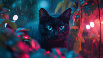 Czarny kot o świecących oczach delikatnie porusza się po deszczowym ogrodzie nocą, otulony łagodnym blaskiem lampek. 