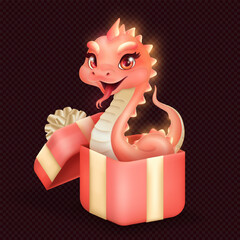 Three dimensional cute pink snake emerging from a gift box as a zodiac sign of 2025 Lunar New Year. 3d oriental mythical reptile inside present box with golden bow isolated on transparent background