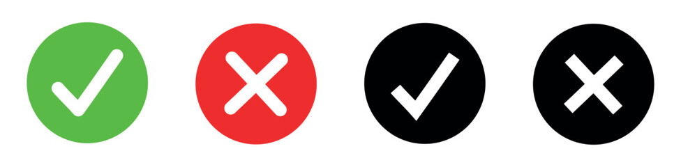 Set of different marks in cartoon style. Vector illustration of green, red and graphic check marks on a white background. Right and wrong. Yes and no. Voting. Choice.