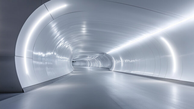 Nowoczesny tunel oświetlony wielokolorowymi światłami, kt&oacute;re wzdłuż ścian tworzą efekt wizualnej głębi.