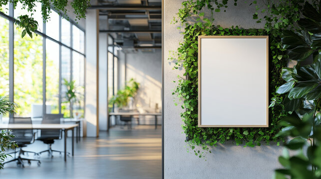 "Stock photo of an eco-friendly open-plan office interior with creeper plants, featuring a close-up view of an empty poster on the wall."






