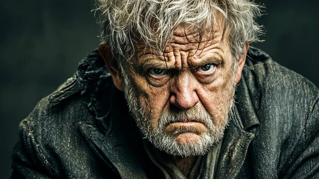 An older man with gray hair and a beard stares intensely at the camera, his expression stern