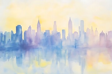 Fototapeta premium skyline of big city with skyscrapers like new york, watercolor painting, soft pastel colors, panorama of megapolis, sunset travel wallpaper, urban landscape banner, midtown background