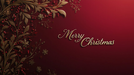 Stylowe tło bożonarodzeniowe, łączące głęboki czerwony odcień z subtelną, złotą kaligrafią, gdzie w centralnym punkcie lśni napis Merry Christmas. © Sawyer0