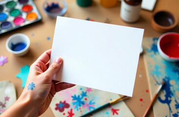 Obraz premium A hand is grasping a blank sheet of paper amidst colorful paints and art materials on a crafting table