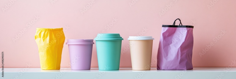 Aufkleber A selection of colorful reusable containers stands out against a chaotic background of single-use plastic bags and cups. Generative AI