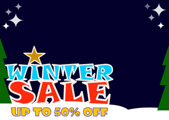  Banner, winter sale up to fifty percent off, blue background.