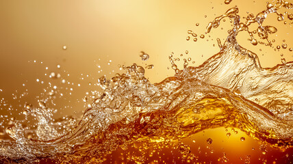 Dynamic golden liquid wave with bubbles and shimmer. Refreshing drink splash, beverage photography, high-speed motion