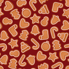 Festive Christmas seamless pattern of gingerbread cookies on red background