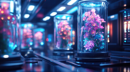 Bioengineered plant on display in futuristic laboratory with digital diagnostics