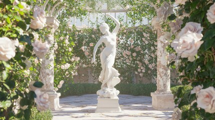 Obraz premium Graceful Porcelain Dancer Statue Amid Blooming Roses in Serene Garden | Detailed 3D Render Artwork