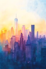 skyline of big city with skyscrapers like new york, watercolor painting, soft pastel colors, panorama of megapolis, sunset travel wallpaper, urban landscape banner, midtown background