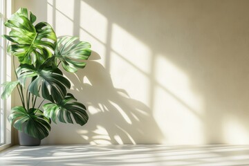 tropical plant shadow, a shadowy monstera deliciosa silhouette against a clean, nordic-style wall with neutral tones