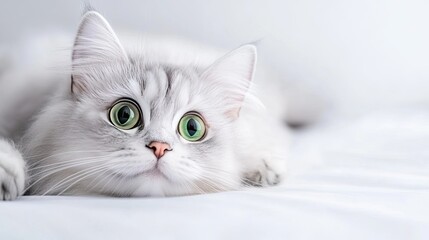 Obraz premium A serene silver Persian cat with striking green eyes lounges on a bed in a cozy room, perfectly captured from overhead in soft light