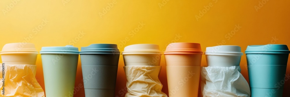 Poster A collection of reusable containers is displayed, contrasted by various single-use plastic bags and cups highlighting environmental impact. Generative AI