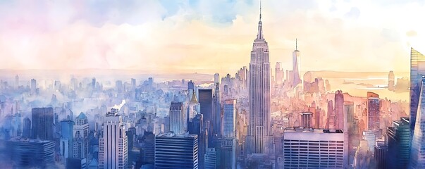 skyline of big city with skyscrapers like new york, watercolor painting, soft pastel colors, panorama of megapolis, sunset travel wallpaper, urban landscape banner, midtown background