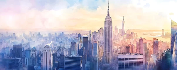 skyline of big city with skyscrapers like new york, watercolor painting, soft pastel colors, panorama of megapolis, sunset travel wallpaper, urban landscape banner, midtown background