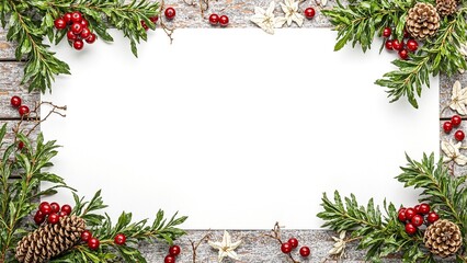 Festive holiday background with holly pinecones and red berries on rustic wood