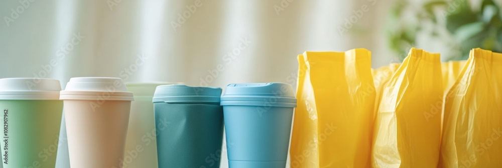 Poster Reusable containers are displayed alongside single-use plastic bags and cups, emphasizing the importance of sustainable choices today. Generative AI