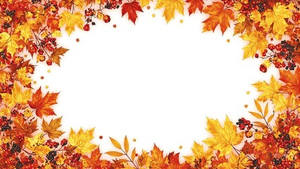 Fototapeta premium Autumn berries and leaves bordering a bright white circle