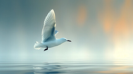 Obraz premium A seagull in flight, rising from the calm water, with a soft blue bokeh background and empty skies.