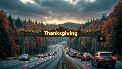 Festive Highway Sign in Fall Traffic