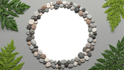 Tranquil circular space with pebbles and ferns on gray background