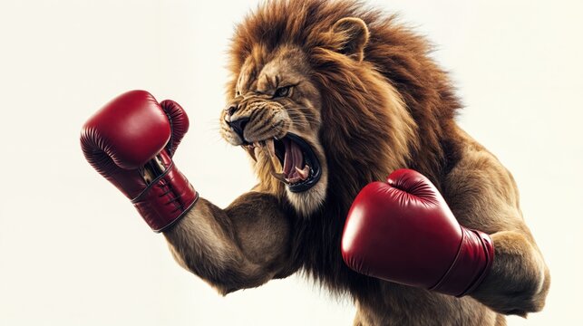 Lion wearing boxing gloves roaring and fighting - Powered by Adobe