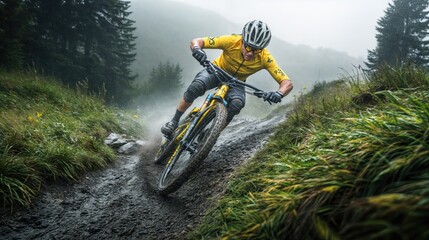 Professional cyclist riding mountain bike down wet and muddy trail in the woods